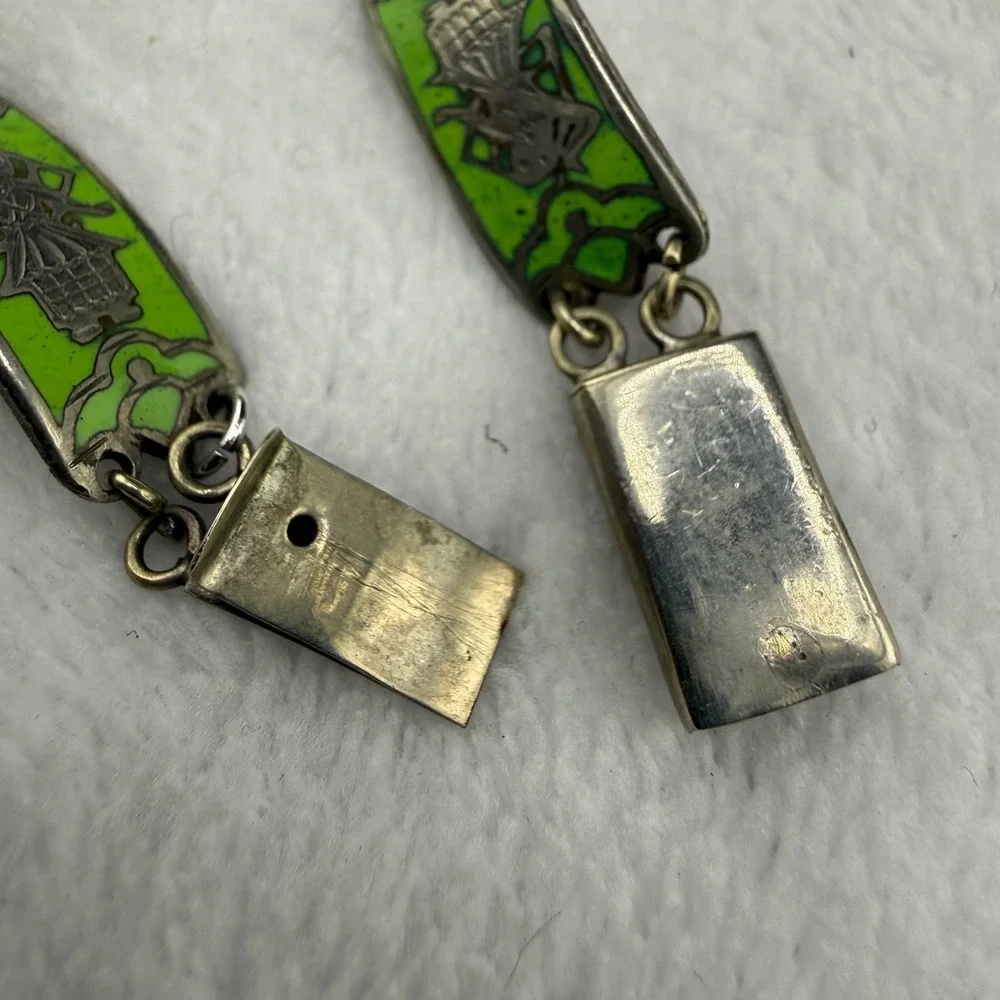 Vintage Enamel Panel Bracelet Green Figural Link 7in